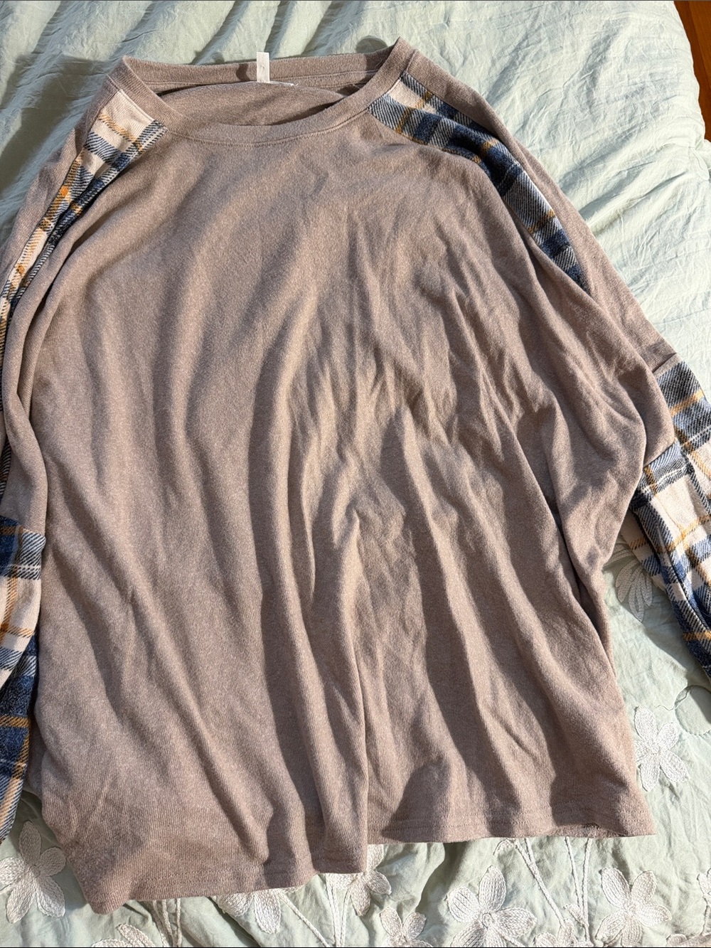Maurices Taupe Raglan Shirt with Blue and Yellow Plaid Sleeves